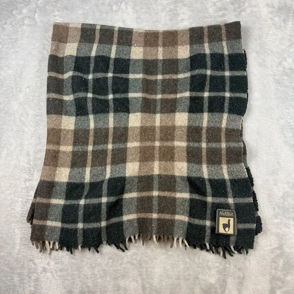 Condor Alpaca Superfine Plaid Alpaca Wool Fringe Throw Green Brown 48x42